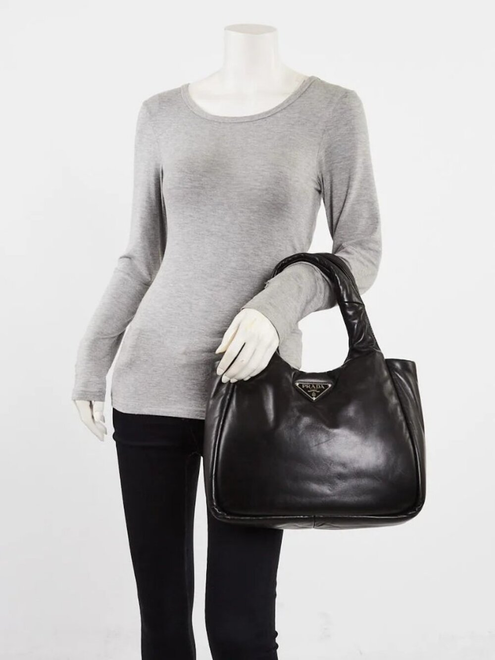 Prada Black Padded Leather Triangle Logo Tote Bag